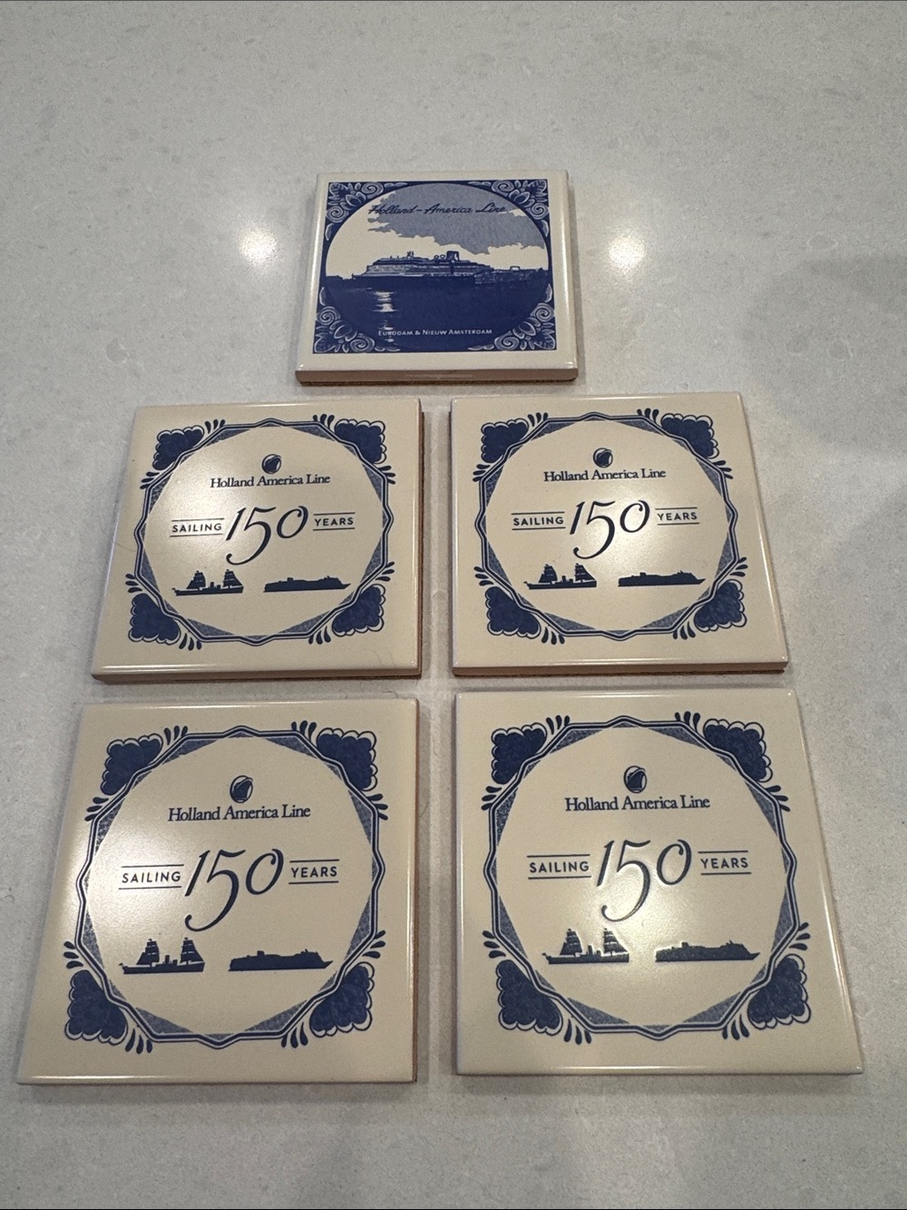 Holland America Line 150th Anniversary Blue & Cream Coaster Set 5 pieces